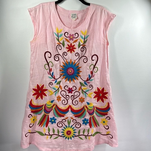 Sister Mary Mexican-Inspired Cotton Linen Embroidered Dress, S - Picture 1 of 9